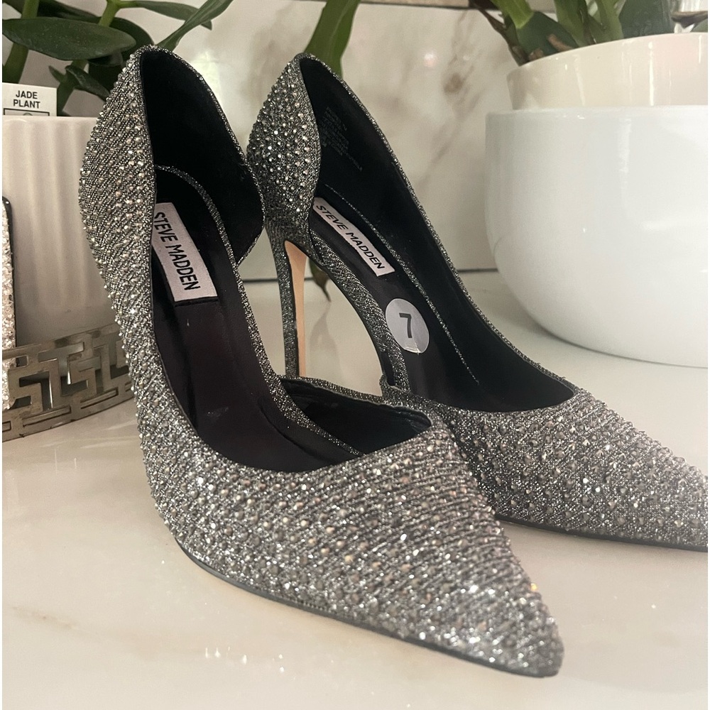 Steve Madden Womens silver rhinestone-embellished Woven Heeled Court Shoes 7
